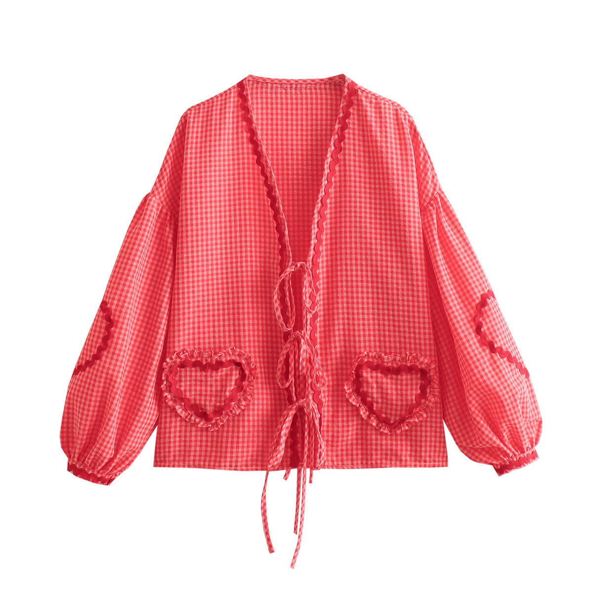 Yipinpay Spring Style Casual Loose Plaid Love Ribbon Lace Shirt