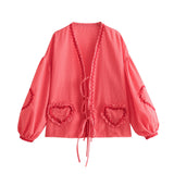 Yipinpay Spring Style Casual Loose Plaid Love Ribbon Lace Shirt