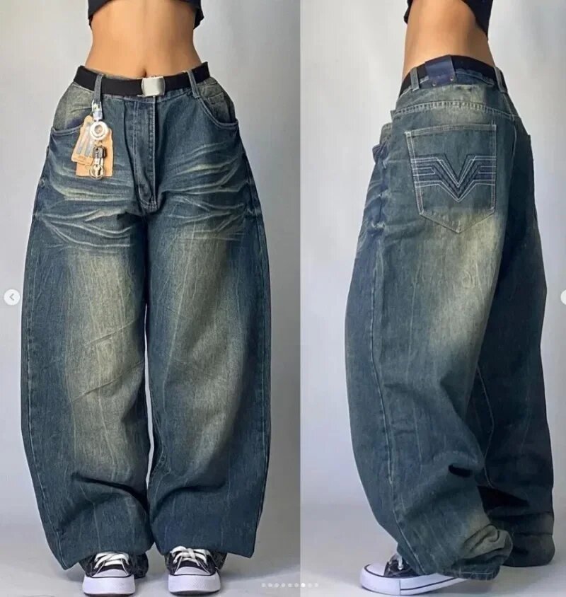 Yipinpay Dress Baggy Jeans Y2K Hip Hop Pocket Letter Retro Black Jeans Men's High Waist Wide Legs Pants