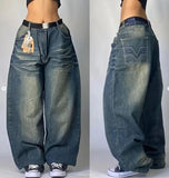 Yipinpay Dress Baggy Jeans Y2K Hip Hop Pocket Letter Retro Black Jeans Men's High Waist Wide Legs Pants
