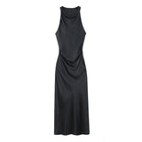 Yipinpay Spring Style Silk Satin Waist Pleated Dress 8372090