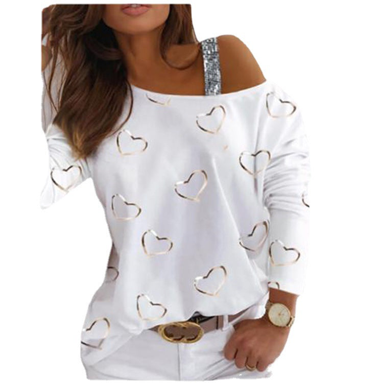 Yipinpay New Women's Blouse Shoulder Sequins Fashion T-Shirt With Long Sleeves