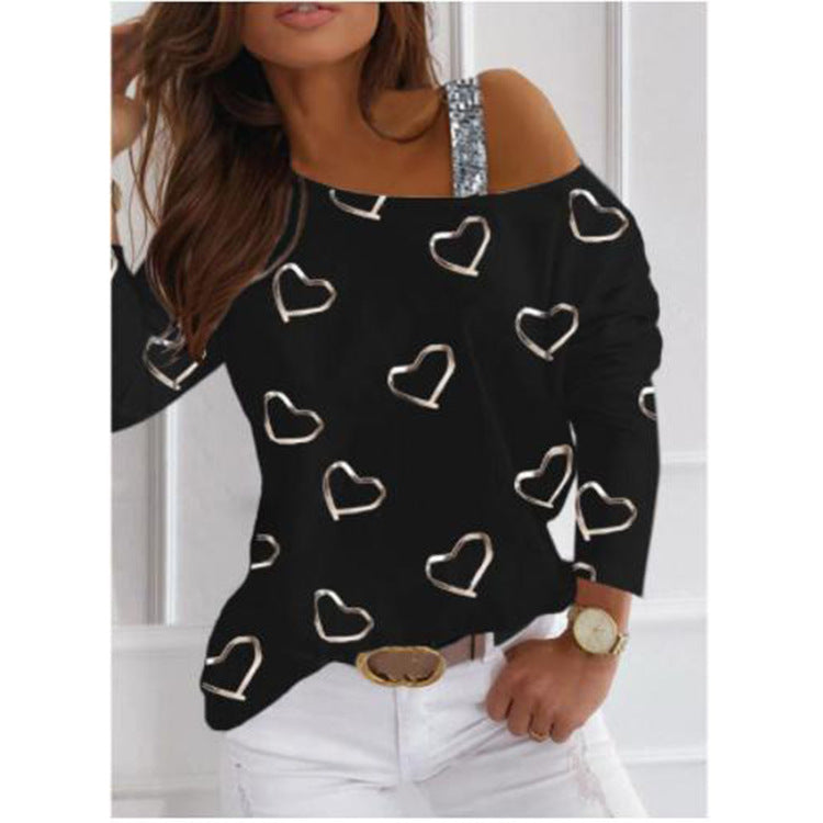 Yipinpay New Women's Blouse Shoulder Sequins Fashion T-Shirt With Long Sleeves