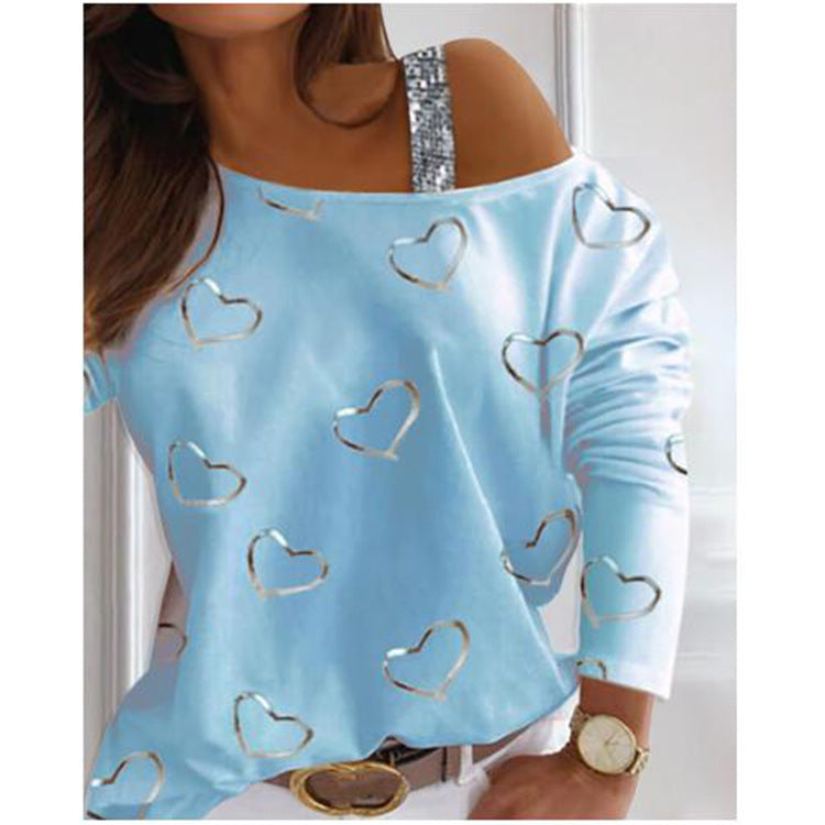 Yipinpay New Women's Blouse Shoulder Sequins Fashion T-Shirt With Long Sleeves