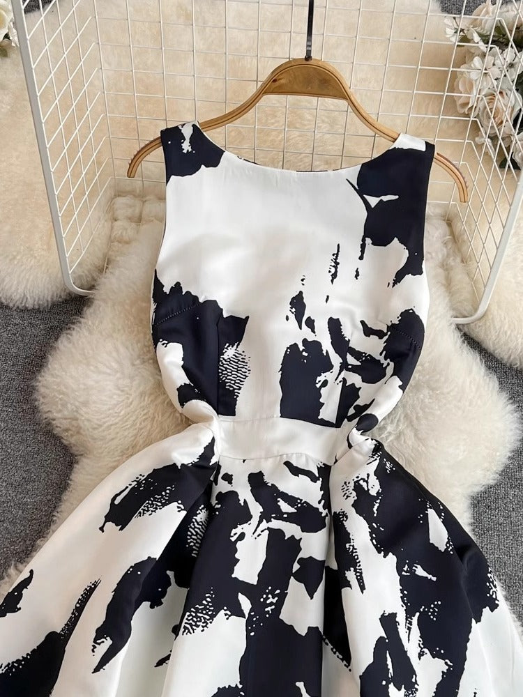 Yipinpay Vest, Long Dress, High Sense, Light Extravagant Round Collar, Waist Slim, Sleeveless A-Print, Large Pendulum Dress