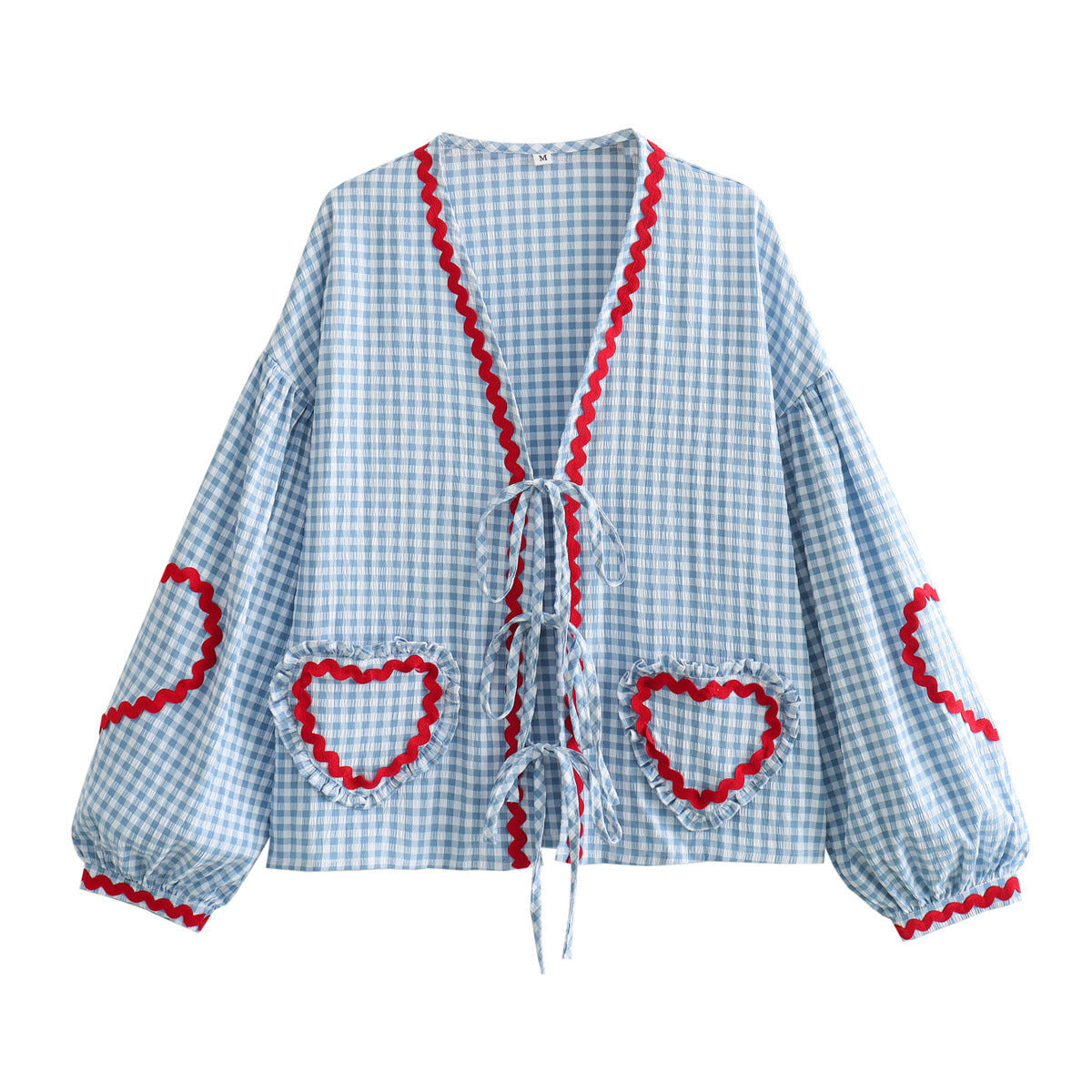 Yipinpay Spring Style Casual Loose Plaid Love Ribbon Lace Shirt