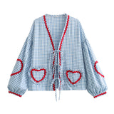 Yipinpay Spring Style Casual Loose Plaid Love Ribbon Lace Shirt