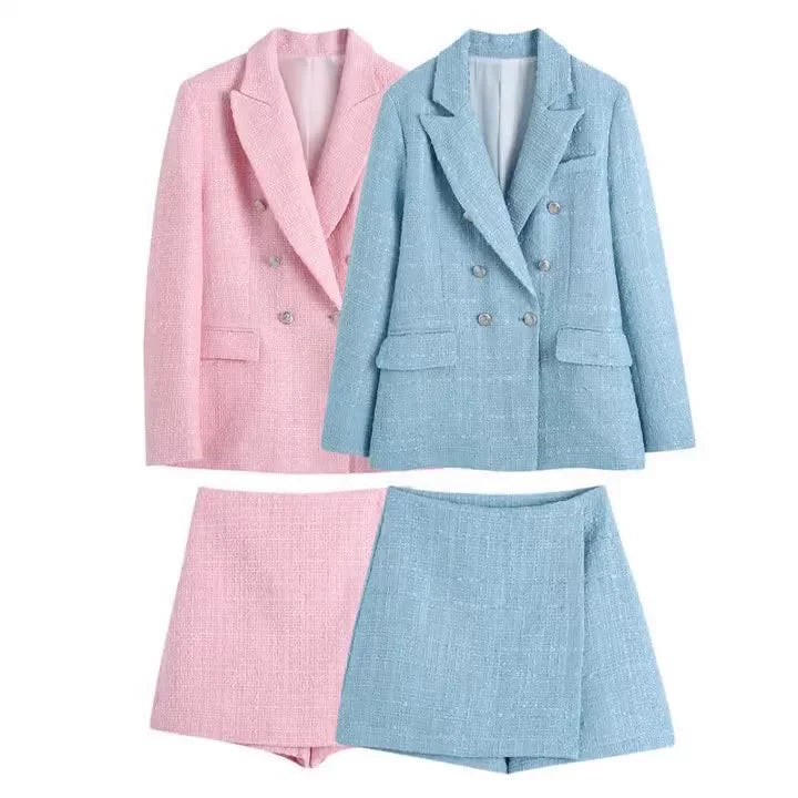 Yipinpay Spring Plaid Textured Double-Breasted Suit Coat Textured Skirt Suit