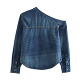 Yipinpay Spring Style Asymmetrical Shoulder-Length Loose Denim Shirt 9213021