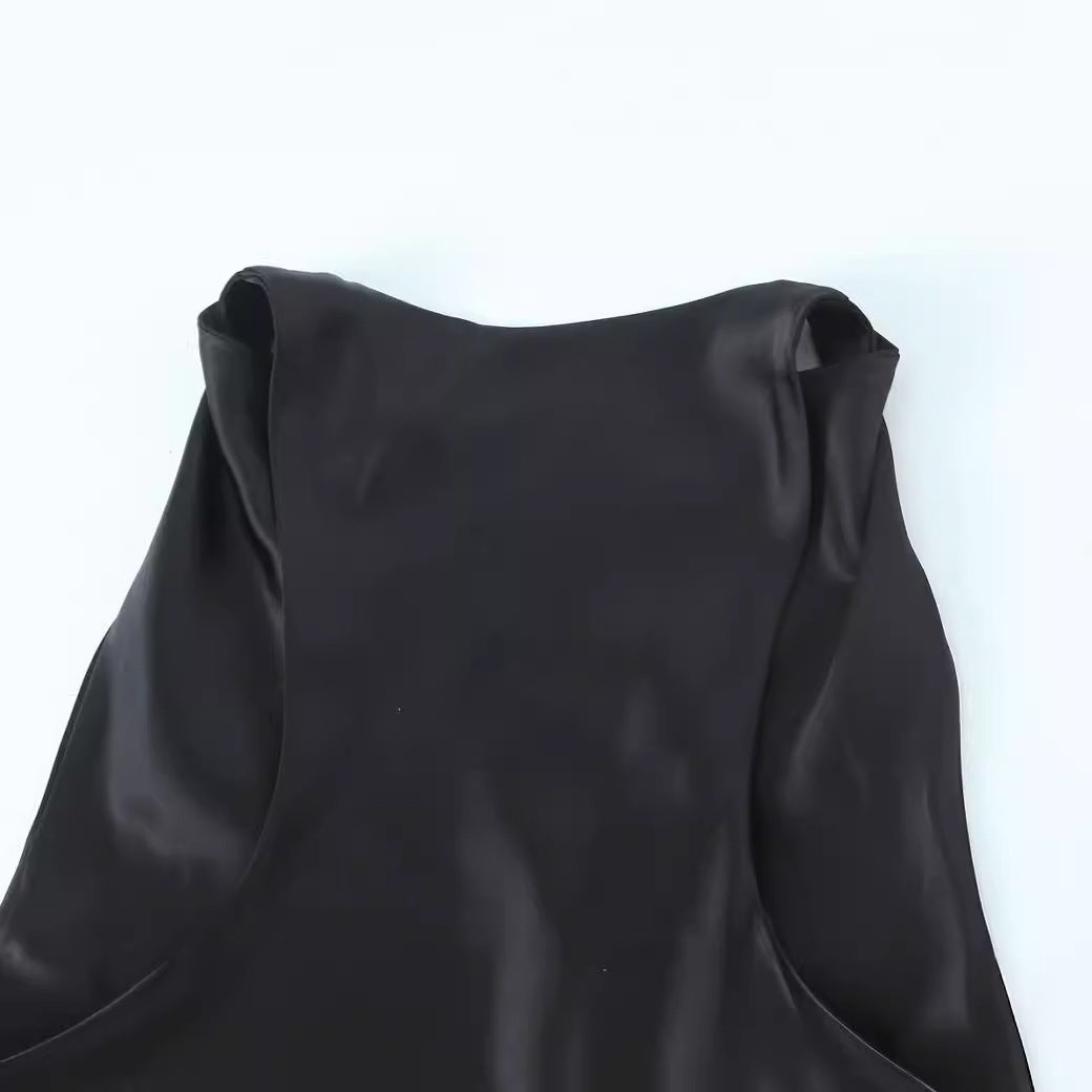 Yipinpay Spring Style Silk Satin Waist Pleated Dress 8372090