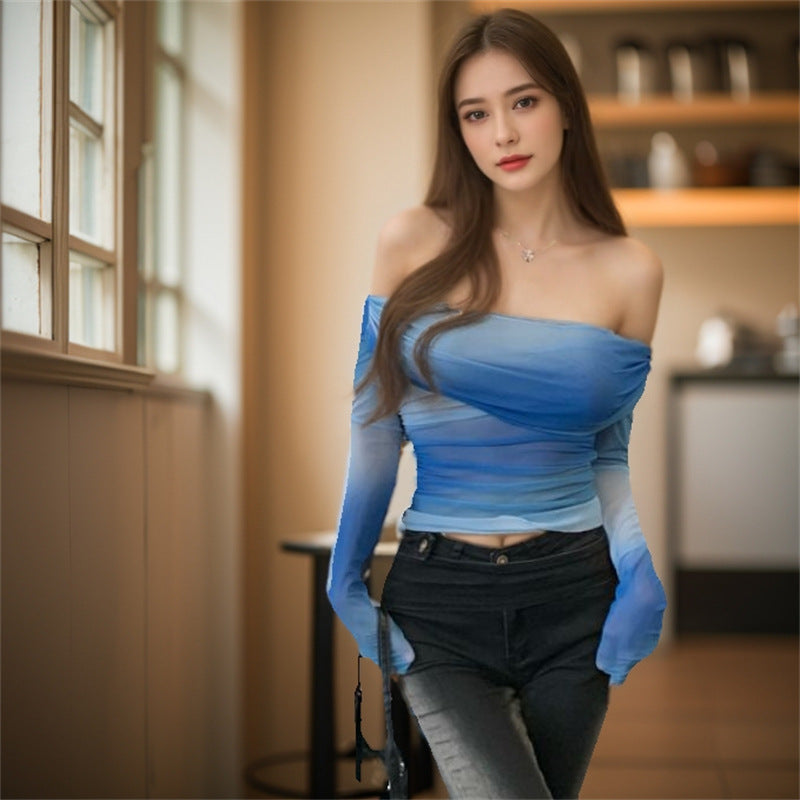 Yipinpay Style Spicy Girls Blue Printed Shoulder Long-Sleeved T-Shirt New Slim Blouse For Women In The Fall Of 2024