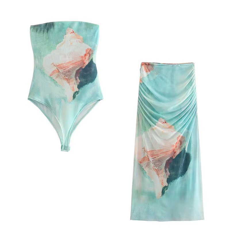 Yipinpay Summer New Women's Printed Silk Net Jumpsuit + High-Waisted Jersey Net Half-Length Skirt Suit