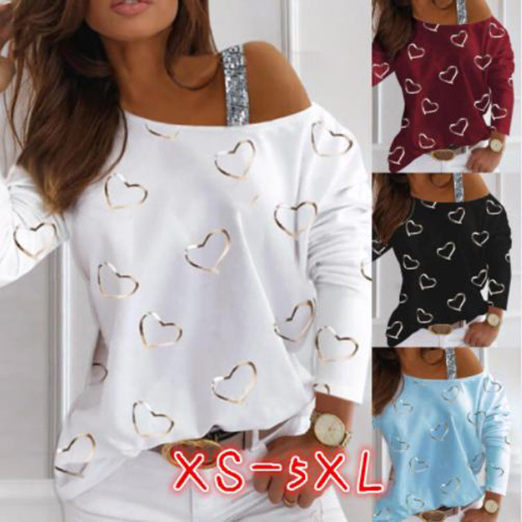 Yipinpay New Women's Blouse Shoulder Sequins Fashion T-Shirt With Long Sleeves