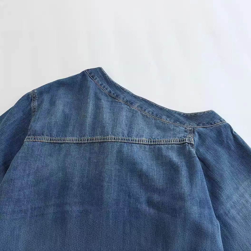 Yipinpay Spring Style Asymmetrical Shoulder-Length Loose Denim Shirt 9213021