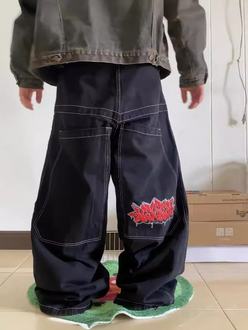Yipinpay Dress Baggy Jeans Y2K Hip Hop Pocket Letter Retro Black Jeans Men's High Waist Wide Legs Pants