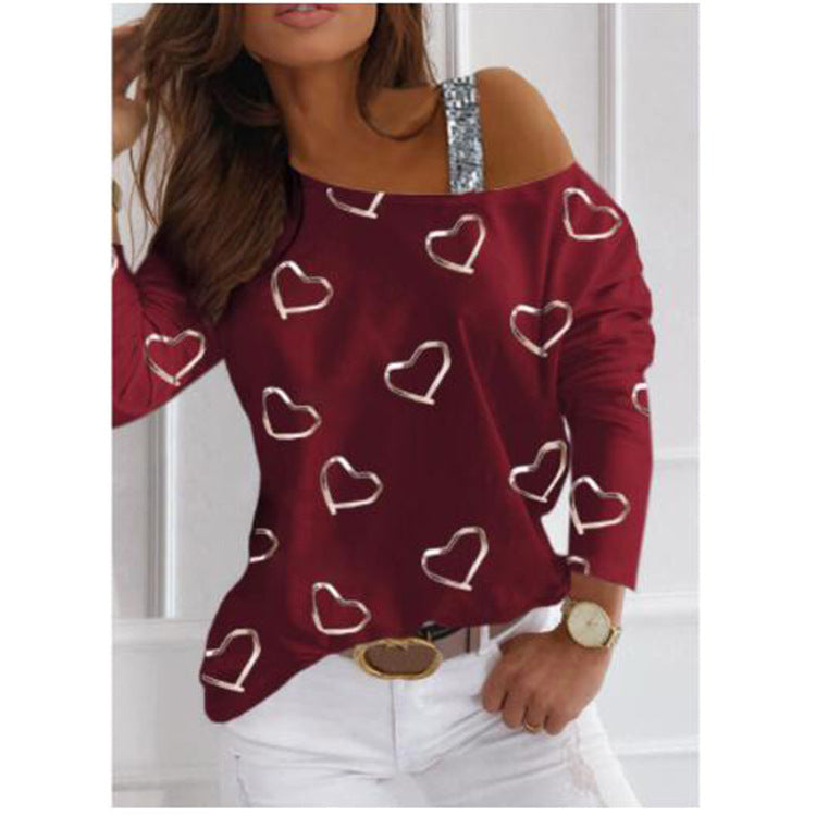 Yipinpay New Women's Blouse Shoulder Sequins Fashion T-Shirt With Long Sleeves