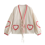 Yipinpay Spring Style Casual Loose Plaid Love Ribbon Lace Shirt