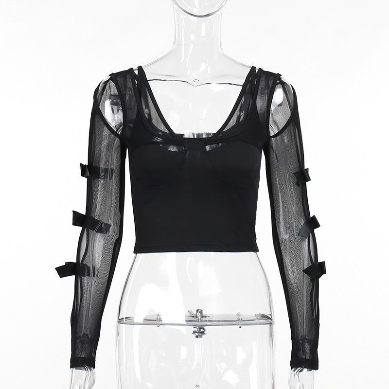 Yipinpay Spring 2024 New Individualized Net Yarn Truncated Bow Tie Hot Girl Blouse Women's Dress