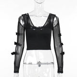 Yipinpay Spring 2024 New Individualized Net Yarn Truncated Bow Tie Hot Girl Blouse Women's Dress