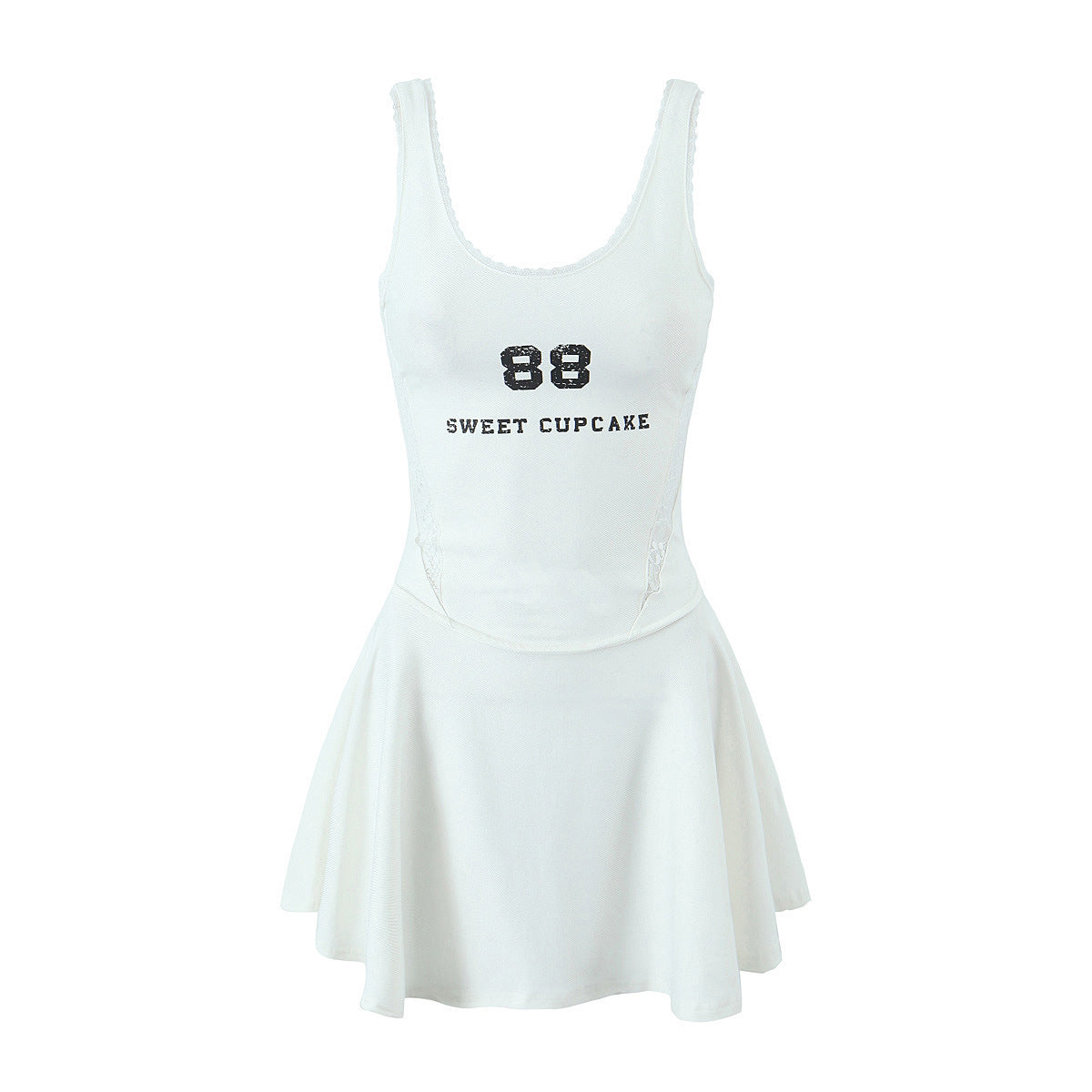 Yipinpay Spring Style Lace U-Collar Digital Printing Sports Style Slim Dress Short Skirt