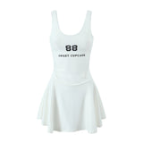 Yipinpay Spring Style Lace U-Collar Digital Printing Sports Style Slim Dress Short Skirt