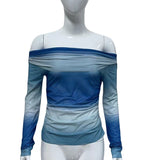 Yipinpay Style Spicy Girls Blue Printed Shoulder Long-Sleeved T-Shirt New Slim Blouse For Women In The Fall Of 2024