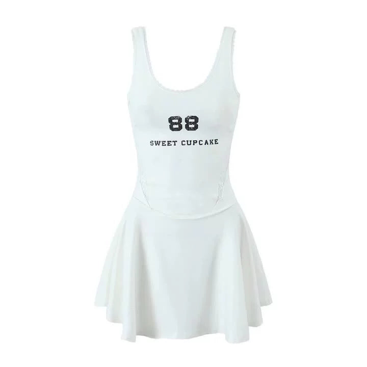 Yipinpay Spring Style Lace U-Collar Digital Printing Sports Style Slim Dress Short Skirt