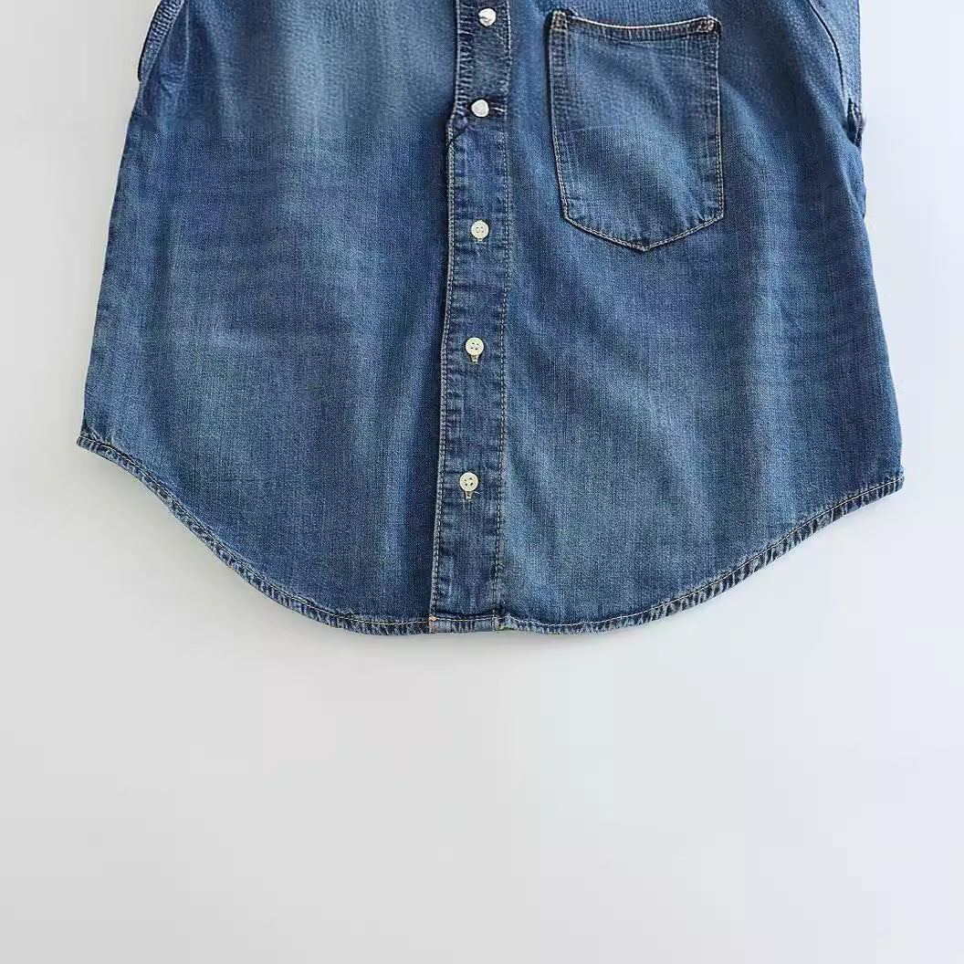 Yipinpay Spring Style Asymmetrical Shoulder-Length Loose Denim Shirt 9213021