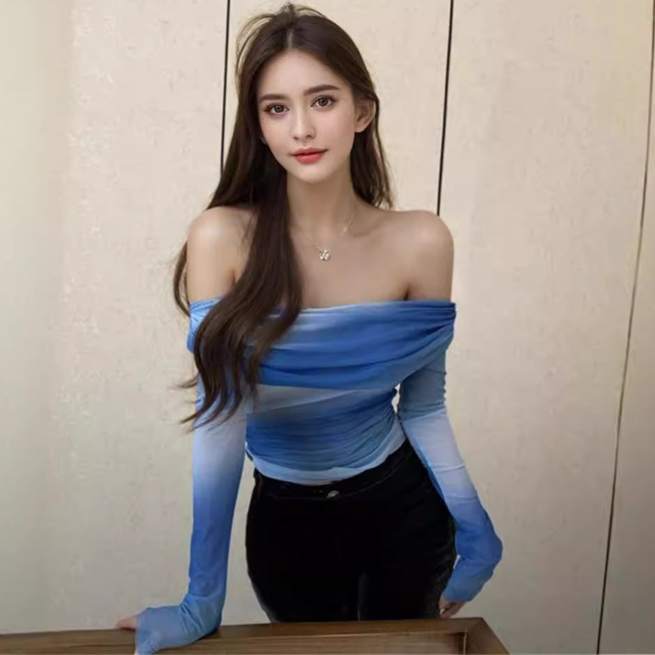 Yipinpay Style Spicy Girls Blue Printed Shoulder Long-Sleeved T-Shirt New Slim Blouse For Women In The Fall Of 2024