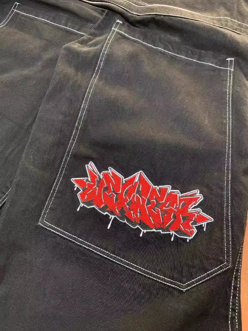 Yipinpay Dress Baggy Jeans Y2K Hip Hop Pocket Letter Retro Black Jeans Men's High Waist Wide Legs Pants