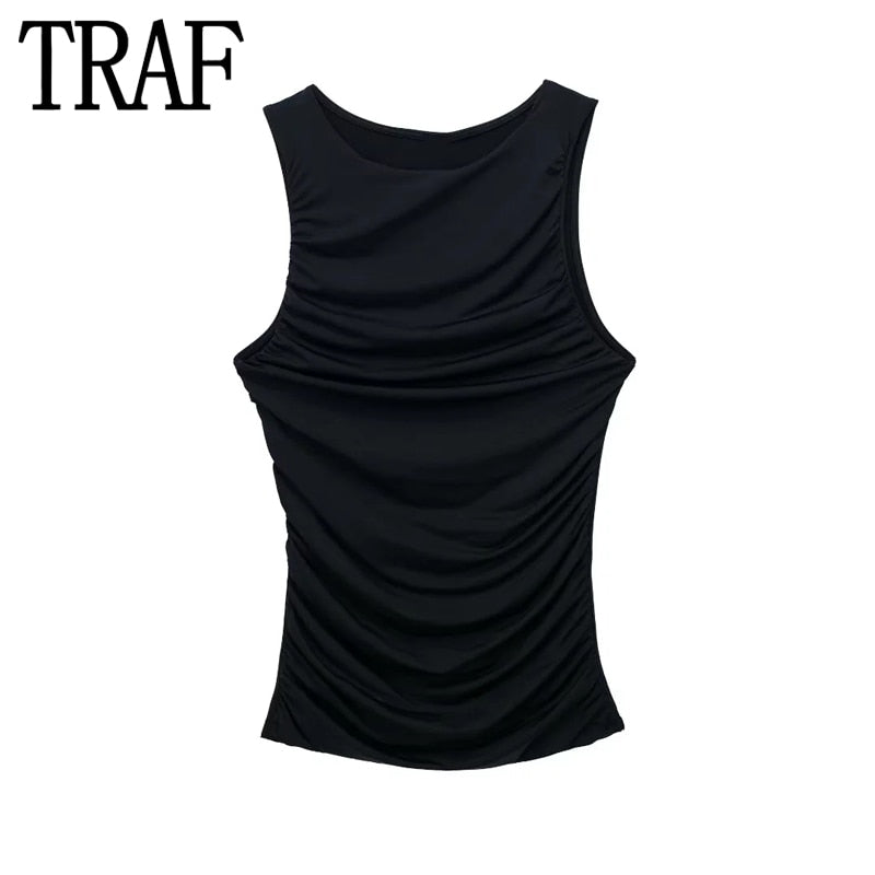 Yipinpay 2023 Black Crop Top Women Ruched Tank Tops Y2k Streetwear White Sleeveless Top Female Fashion Summer Sexy Tops Woman