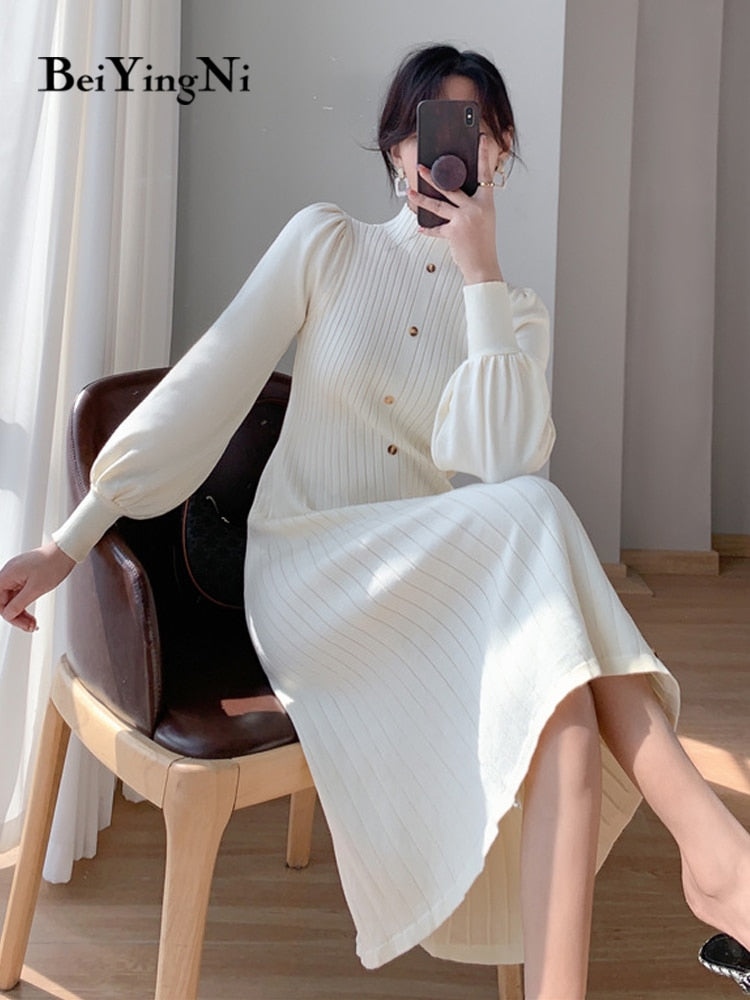 yipinpay 2023 Korean Fashion Women's Sweater Dress Buttons Autumn Knitwear Long Midi Dresses Female Winter Black Chic Vestidos