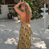 Yipinpay 2023 Print Halter Long Dress Women Summer Sexy Backless Dress Woman Knot Off Shoulder Midi Beach Holiday Party Dresses