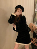 Yipinpay 2 Piece Dress Set Woman Vintage Velvet Suit Slim Balck Lace Tops + Elegant Y2k Mini Skirt Casual Design 2023 Auutumn
