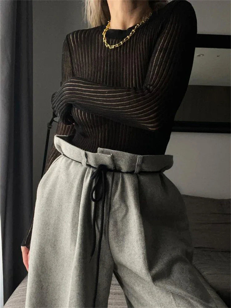 Yipinpay White Ribbed Knit T-Shirts Ladies See-Through Rib Sweater Tops Spring New Outfits Pullover Long Sleeve Casual Top Tees