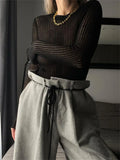 Yipinpay White Ribbed Knit T-Shirts Ladies See-Through Rib Sweater Tops Spring New Outfits Pullover Long Sleeve Casual Top Tees