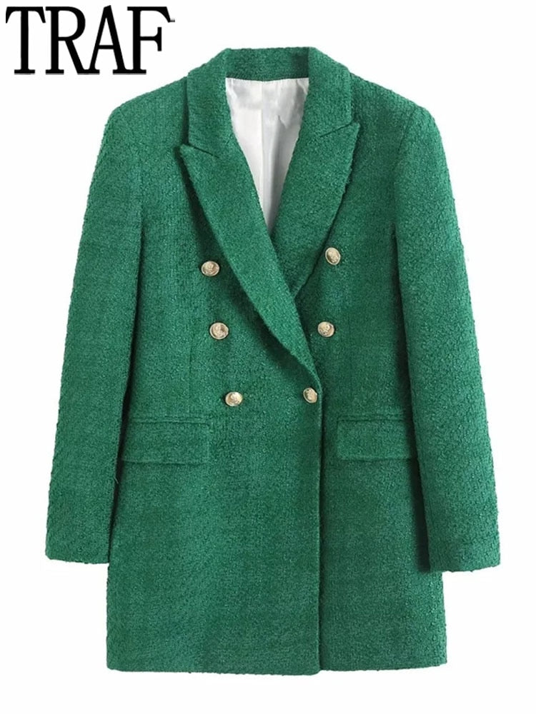 Yipinpay 2023 Green Long Blazer Woman Tweed Blazer Women Double Breasted Elegant Womens Jackets Long Sleeve Women's Spring Jacket