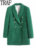 Yipinpay 2023 Green Long Blazer Woman Tweed Blazer Women Double Breasted Elegant Womens Jackets Long Sleeve Women's Spring Jacket