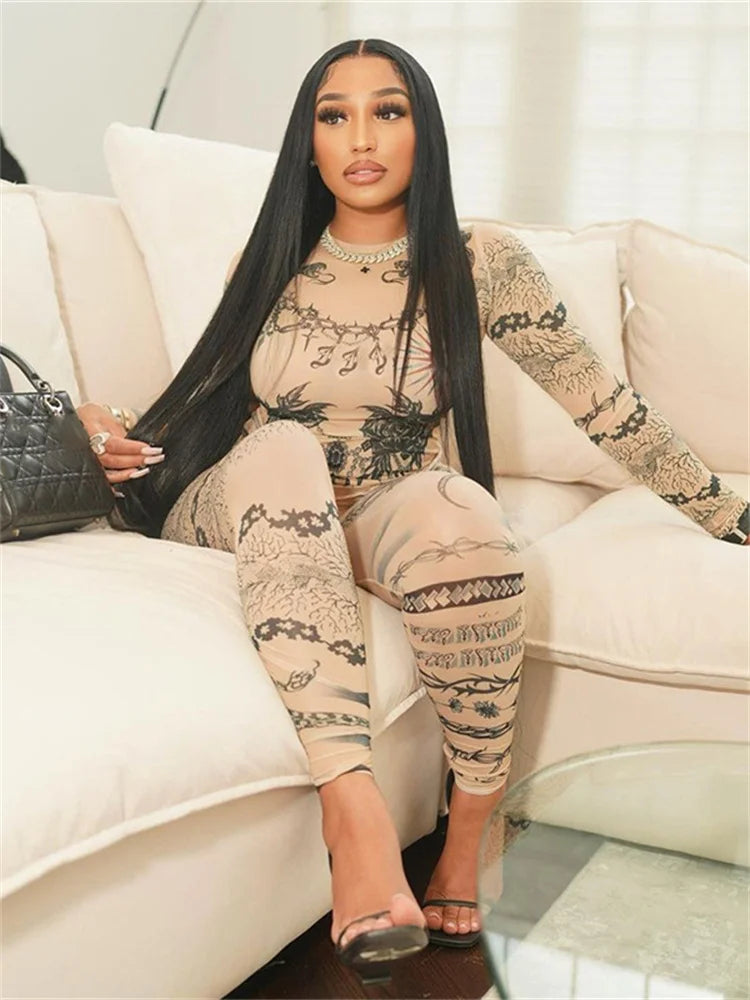 Yipinpay Simenual 90s Rave Mesh Printed Co Ord Suits Women Sexy See Through Pullovers T-Shirts Skinny Pencil Pants Y2K Club Two Piece Set