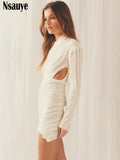 yipinpay 2023 Casual Summer Autumn Knitted Striped Pullover See Through Long Sleeve Dress Mini Wrap Sexy Club Hollow Out Dress