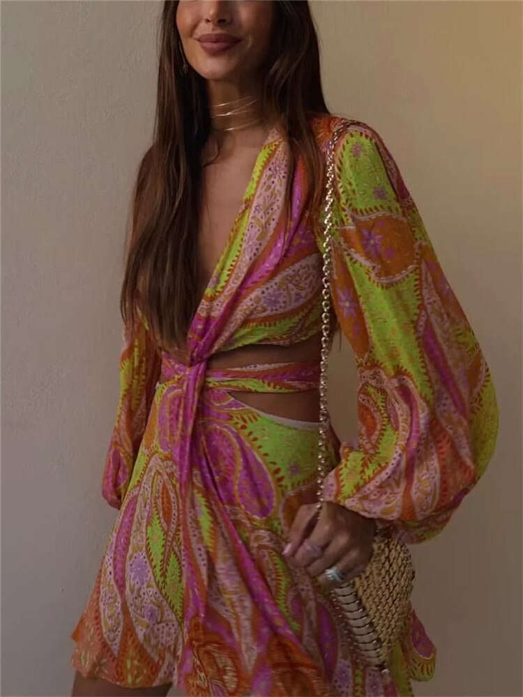 Yipinpay 2023 Print Cut Out Dress Women Short Boho Chiffon Dress Woman Slit Long Puff Sleeve Summer Dresses Beach Sexy Party Dresses