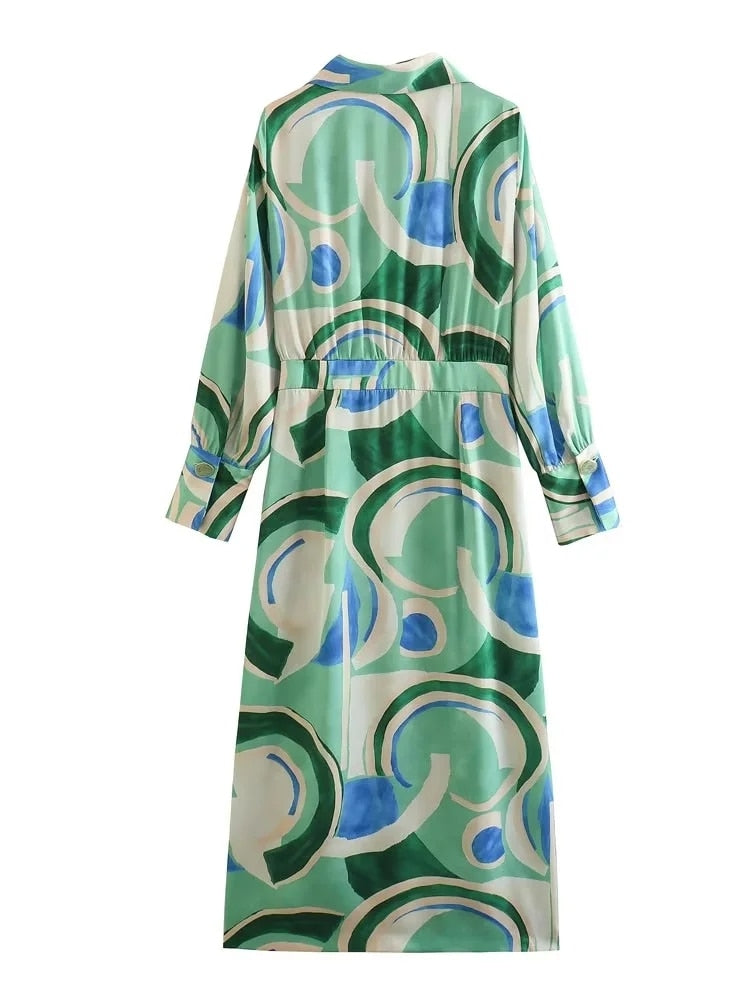 Yipinpay 2023 Printed Shirt Dress Woman Pleated Long Dress Women Long Sleeve Elegant Casual Women's Dresses Midi Party Dresses