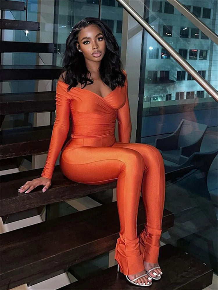 Yipinpay Simenual Casual Skinny Women Two Piece Set Sexy Deep V Crop Tops High Waist Pants Cyber Y2K Outfits Slim Co Ord Suits Streetwear