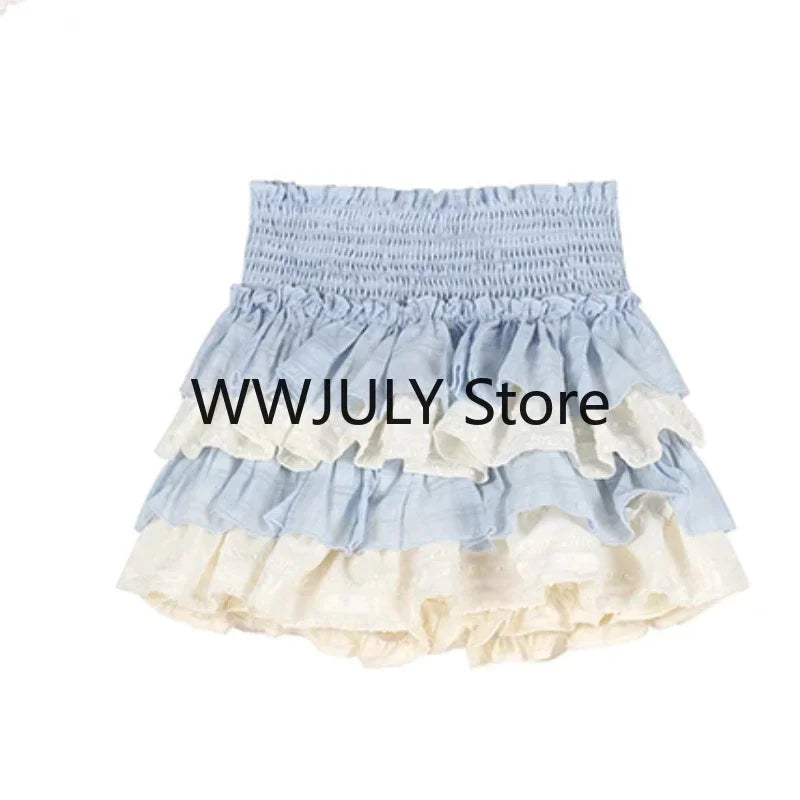 Yipinpay Summer Kawaii Lolita Suit Japanese Style Slim Lace Tops + Bodycon Y2k Mini Skirt Fashion Cake Skirt Girls Party 2 Piece Set