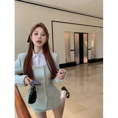Yipinpay Hot Girl Suit for Women's Autumn/Winter Square Collar Woolen Jacket High Waisted Mini Skirt Two-piece Set Female Clothes