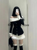 Yipinpay Girl Pure Sexy Suit Women's Autumn/Winter Off Shoulder Halter Neck Long-sleeved Top High Waist Mini Skirt Two-piece Set