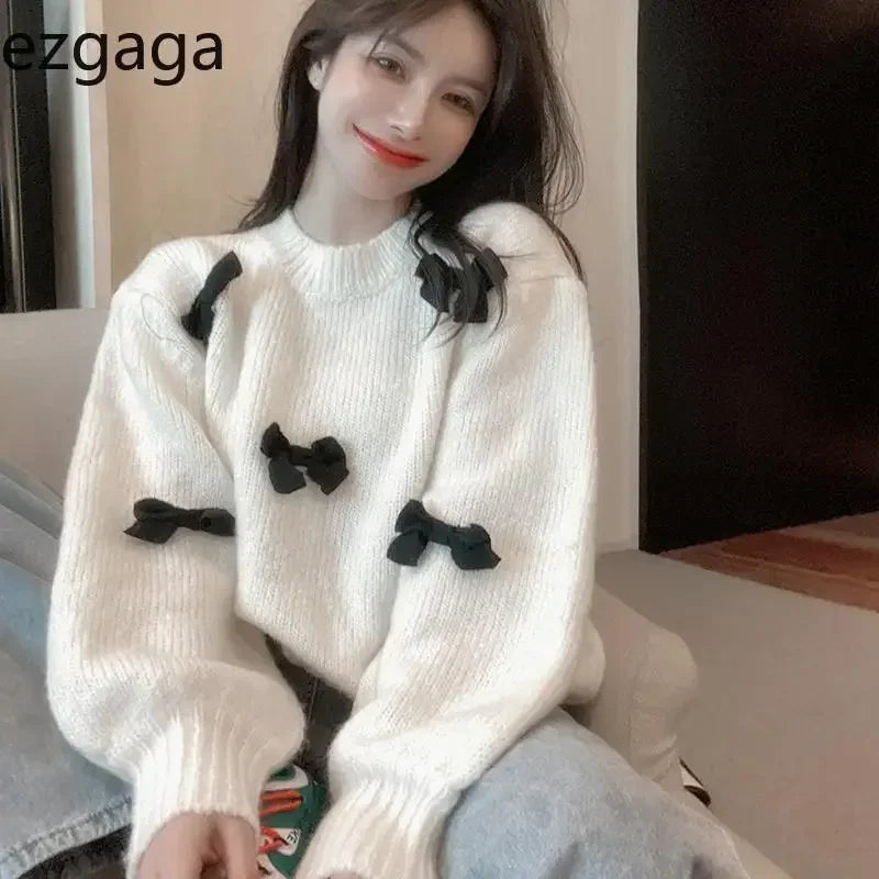 Yipinpay Sweet Sweater Pullover Women Autumn Winter Loose Bow Outwear Knitted Tops O Neck Warm Female Jumper Casual Fashion