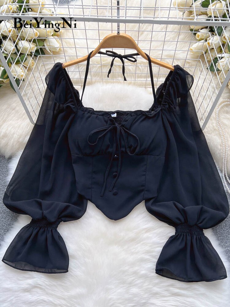 Yipinpay 2023 Fashion French Blouses Shirts Women Solid Color Casual Sexy Long Sleeve Blusas Female Chiffon Lace-up Crop Tops