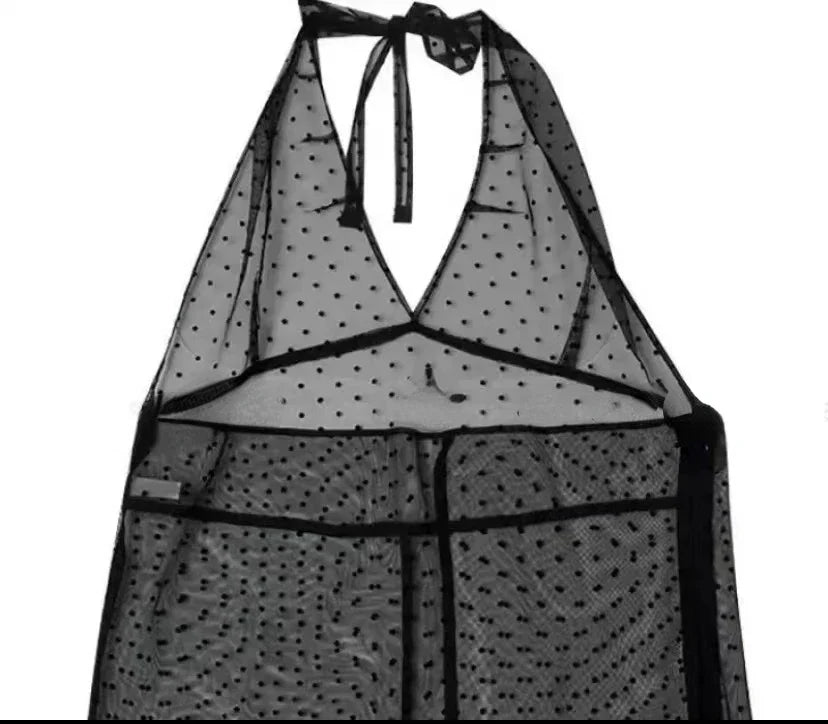 Yipinpay Summer New See Through Mesh Tank Top Black Wave Point Lace Up Camisole Vest Y2k E-Girl Sleeveless Halter Tops Women