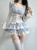 Yipinpay Summer Kawaii Lolita Suit Japanese Style Slim Lace Tops + Bodycon Y2k Mini Skirt Fashion Cake Skirt Girls Party 2 Piece Set